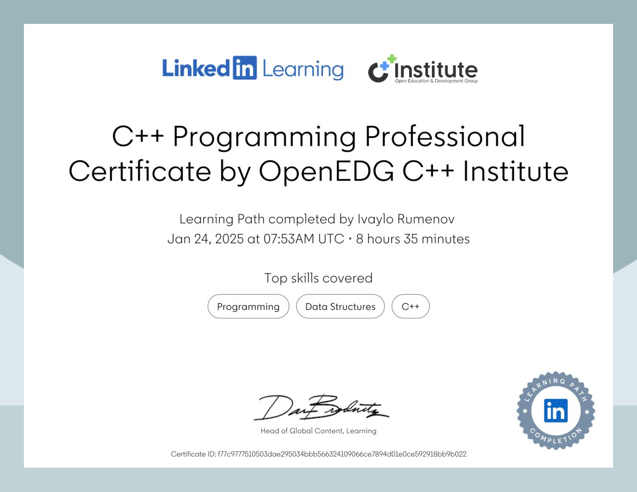 Certificate for completing a course in C++