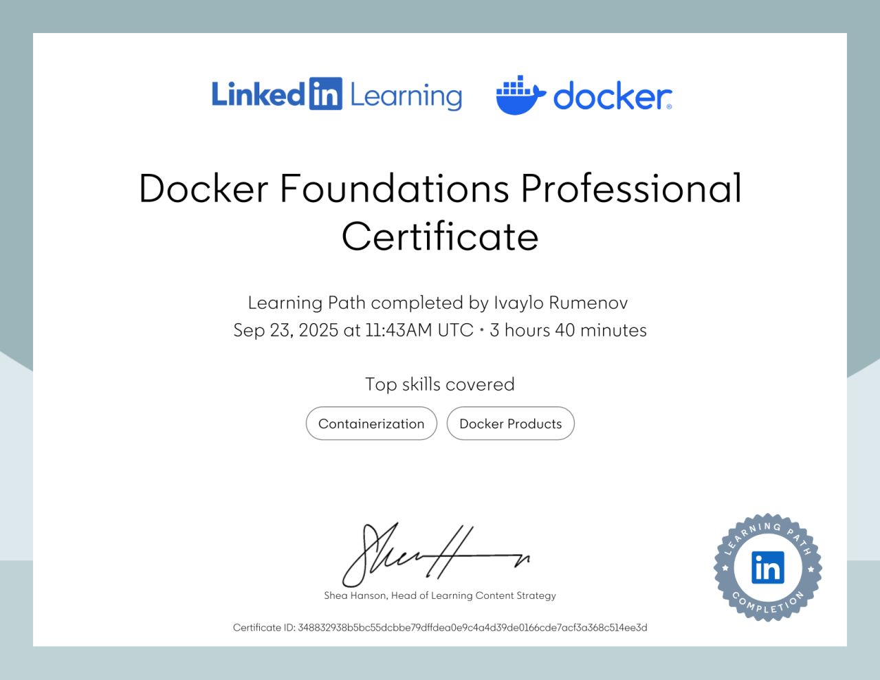 Certificate for completing a course in Docker