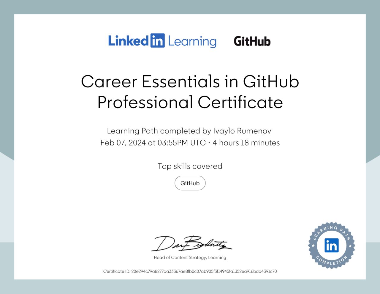 Certificate for completing a course in Git Hub