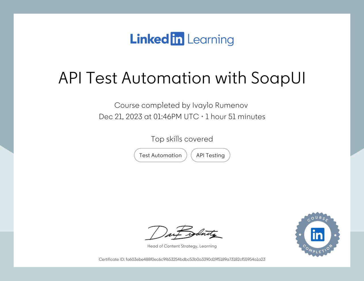 Certificate for completing a course in SOUP API testing